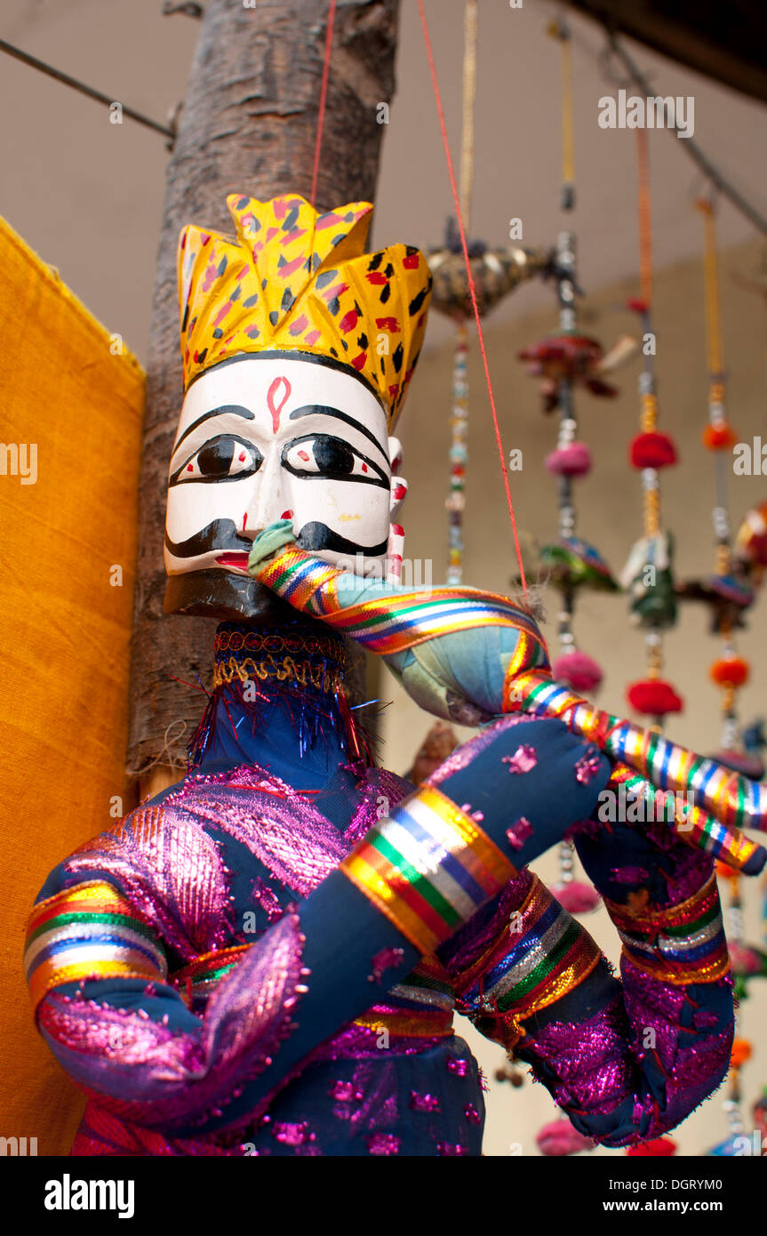 Flute player, hand-made marionette, Mamallapuram, Mahabalipuram, Tamil Nadu, India Stock Photo