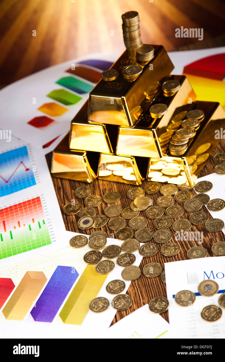Financial indicators,Chart,Gold bar, coins and sunset Stock Photo Alamy