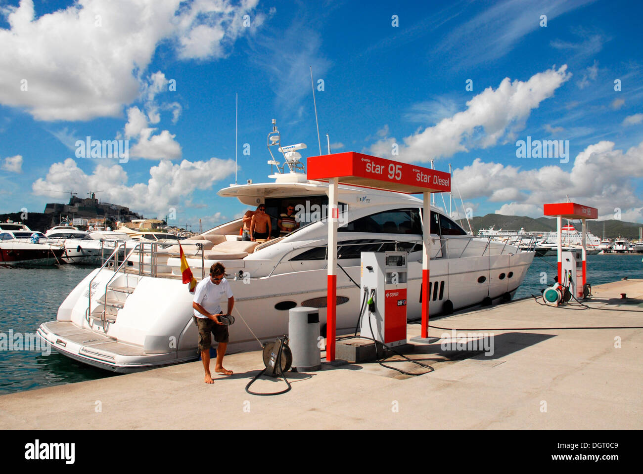 Boat and yacht petrol station of Cepsa Elf in the port of Ibiza, Spain, Europe Stock Photo