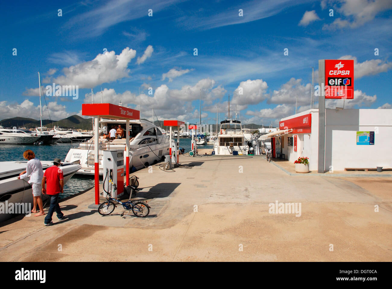 Boat and yacht petrol station of Cepsa Elf in the port of Ibiza, Spain, Europe Stock Photo