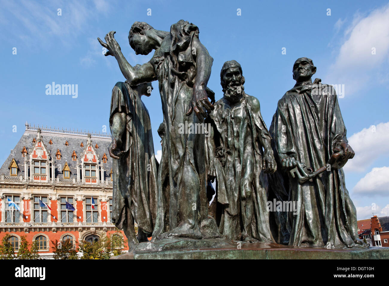 Sculptures by Auguste Rodin, The Burghers of Calais, on the Place de l'Hôtel de Ville square in Calais Stock Photo