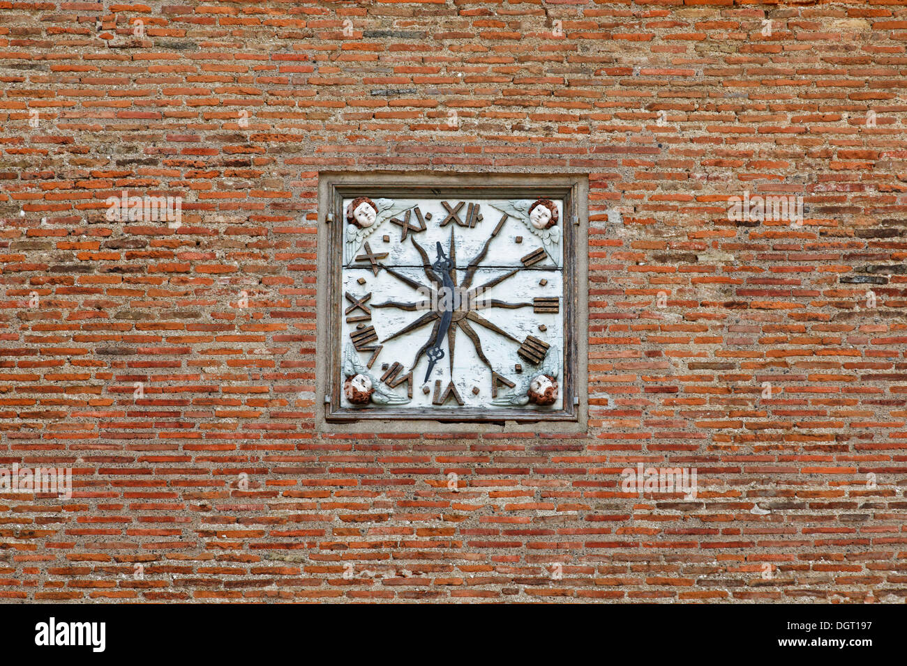 Old church clock in Villefranche-de-Lauragais, Carcassonne, Languedoc-Roussillon, Aude, France, Europe Stock Photo