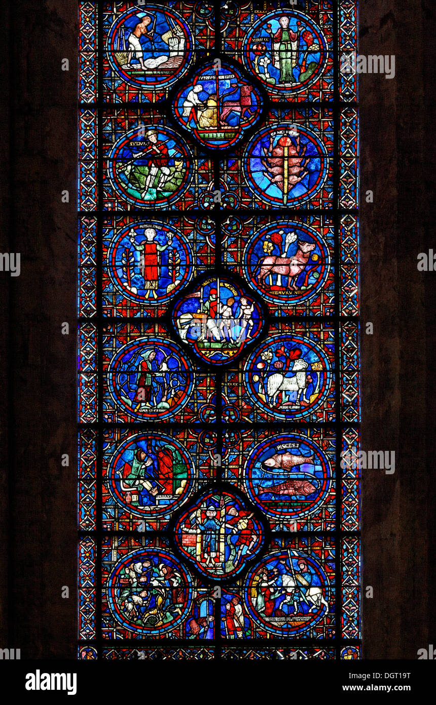 Chartres Cathedral, window in the south choir aisle, zodiac signs and labours of the months, Ile de France region Stock Photo