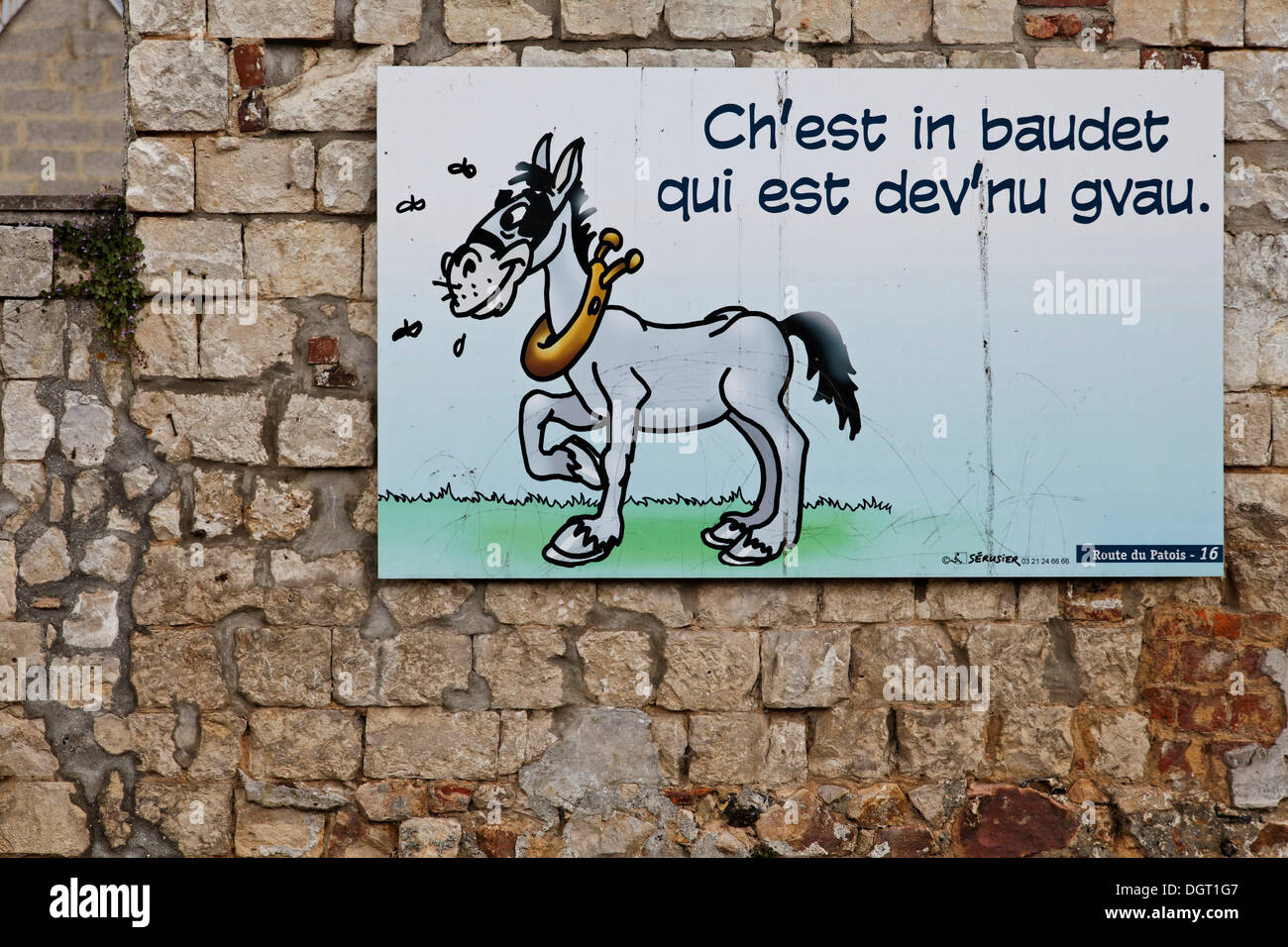 Poster campaign with the Picard dialect of Ch'tis, Olhain, Bruay-la-Buissiere, Via Francigena, Pas-de-Calais department Stock Photo