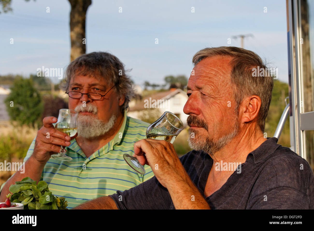 Men drinking an aperitif, Girancourt, Epinal, Lorraine, Département Vosges, France Stock Photo