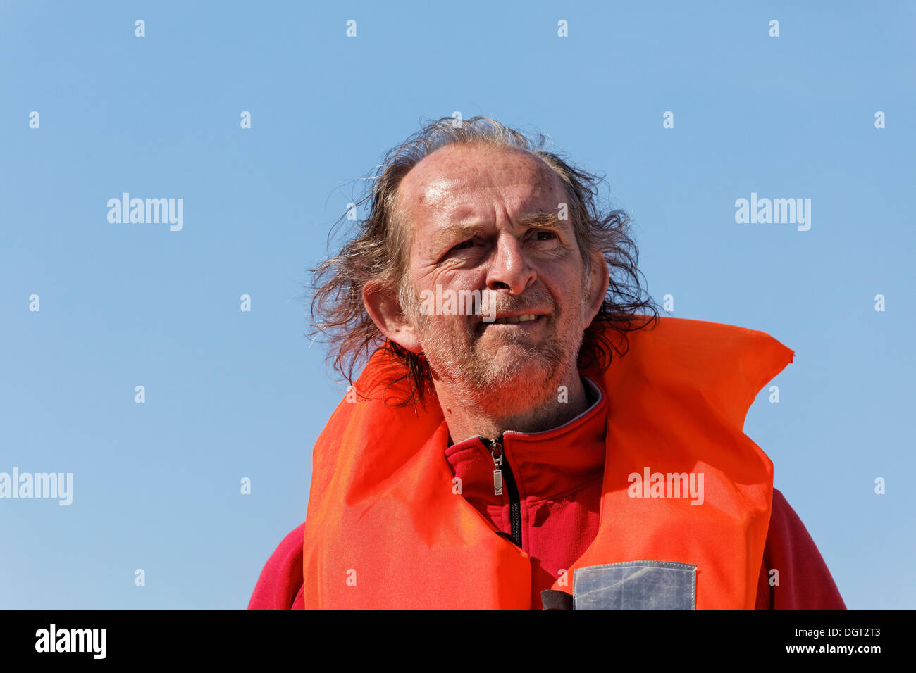Boater with a life jacket, Couzon, Couzon, Region Rhône-Alpes, Dep. Rhône, France Stock Photo