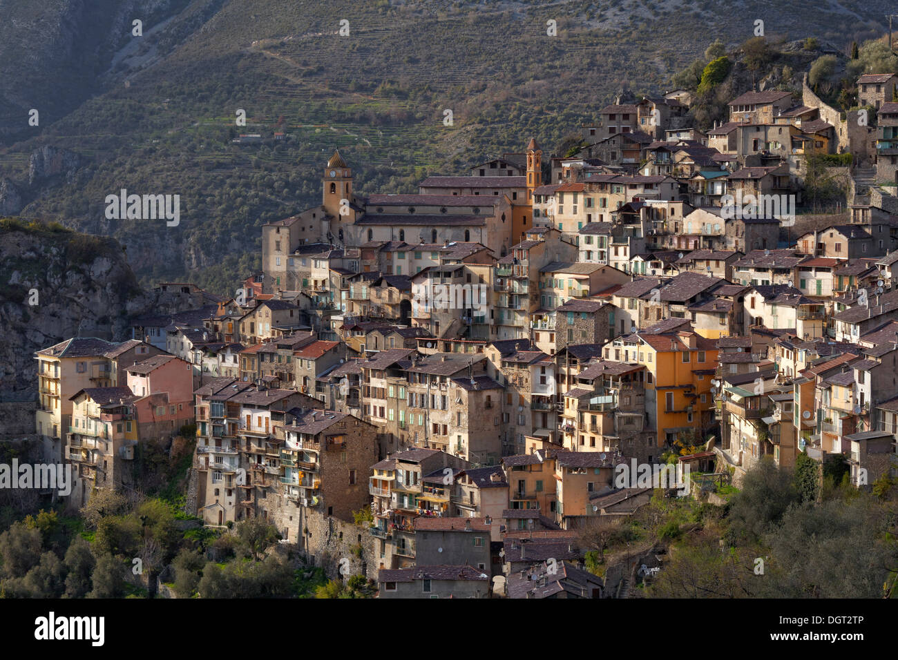 Mountain village of Saorge high above the Roya Valley, Saorge, Département Alpes-Maritimes, Region Provence-Alpes-Côte Stock Photo