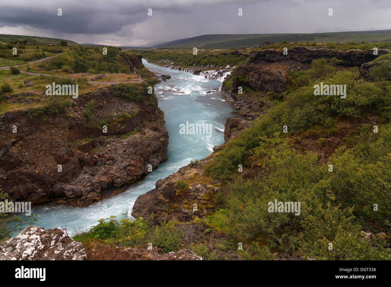 View towards the west over Hraunfossar waterfall, West Iceland, Iceland, Europe Stock Photo
