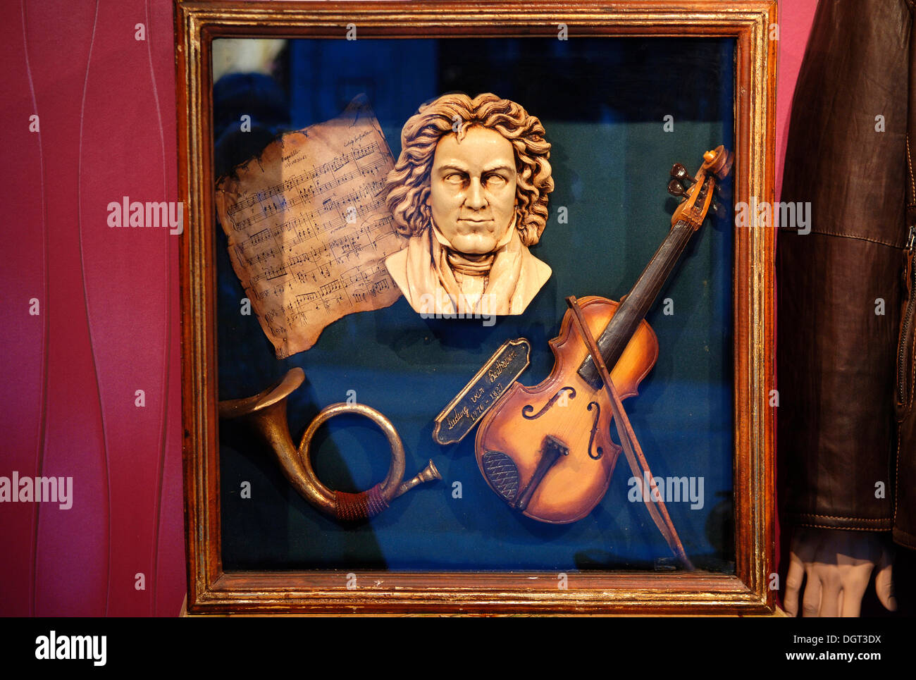 Bust of Beethoven and instruments in a golden frame, Bruges, Belgium, Europe Stock Photo