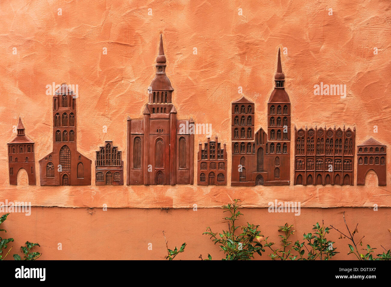 Bas-relief for the blind and visually impaired people, from left to right: Kuetertor gate, Jakobikirche church Stock Photo