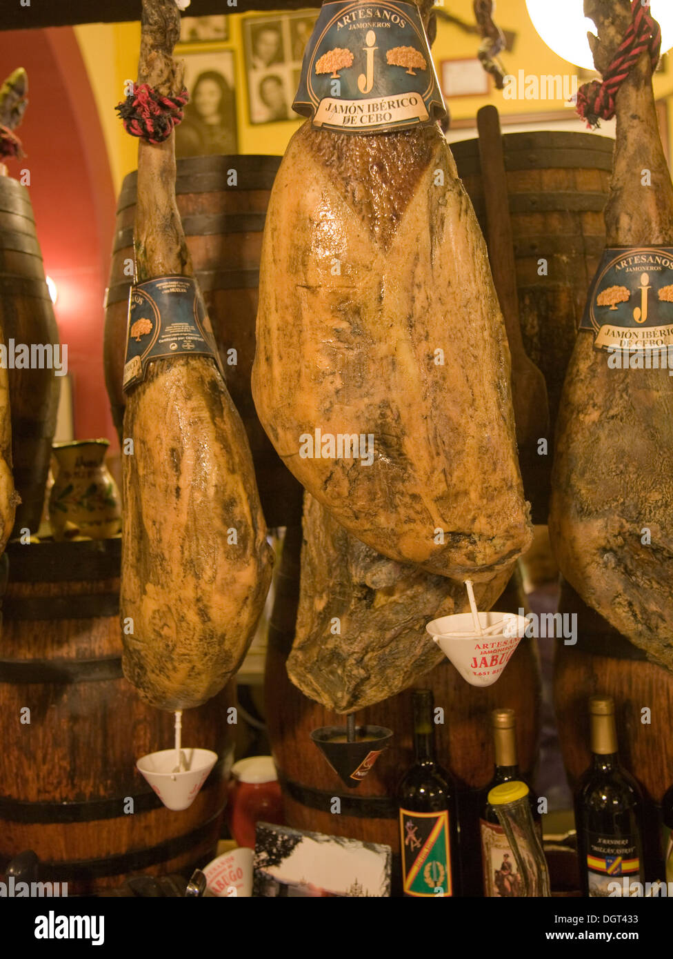 Jamones smoked ham hanging in traditional bar Ronda, Spain Stock Photo