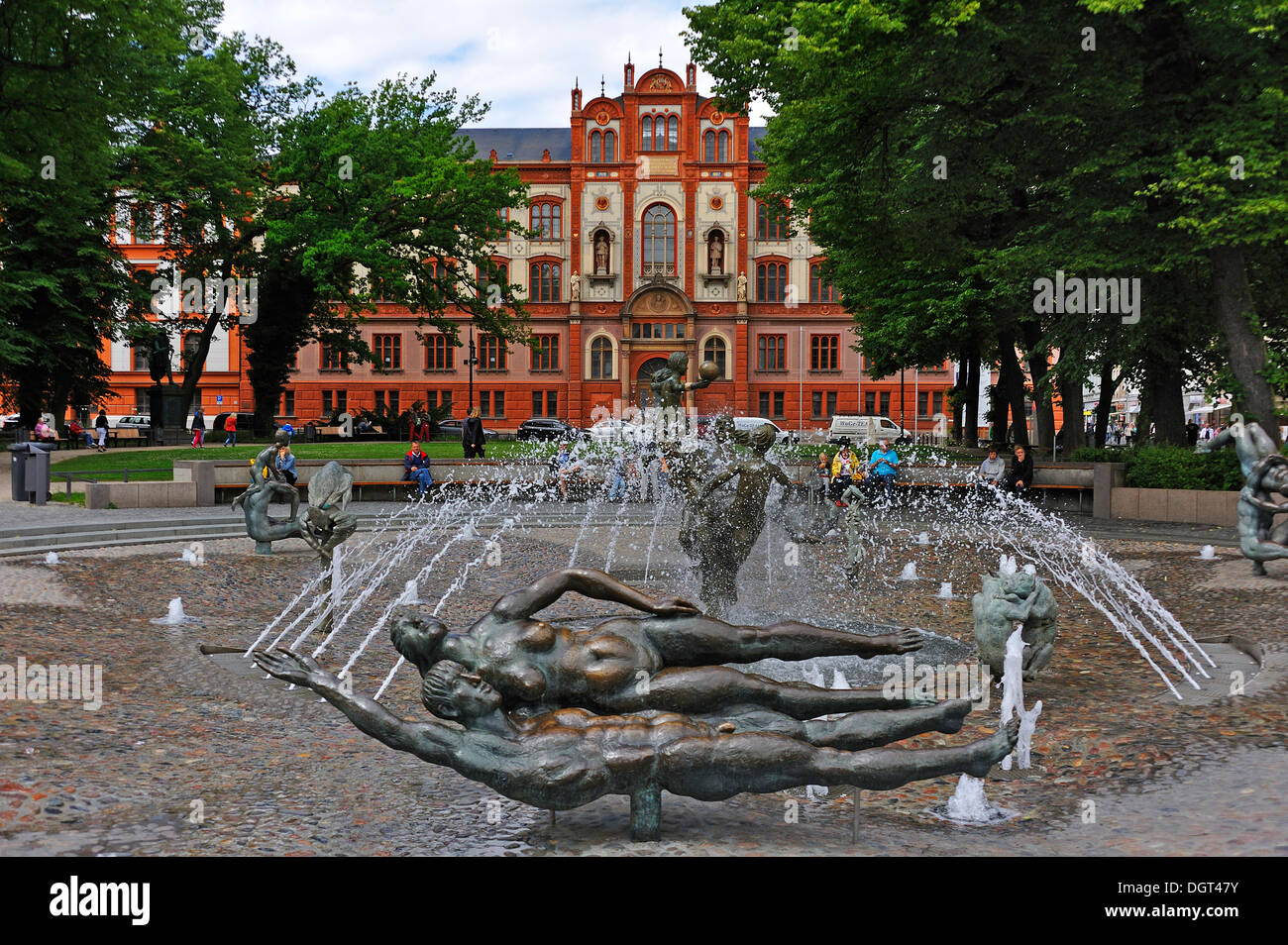 Brunnen der Lebensfreude fountain, built in 1980, in front of Rostock University, Alma Mater Rostochiensis Stock Photo