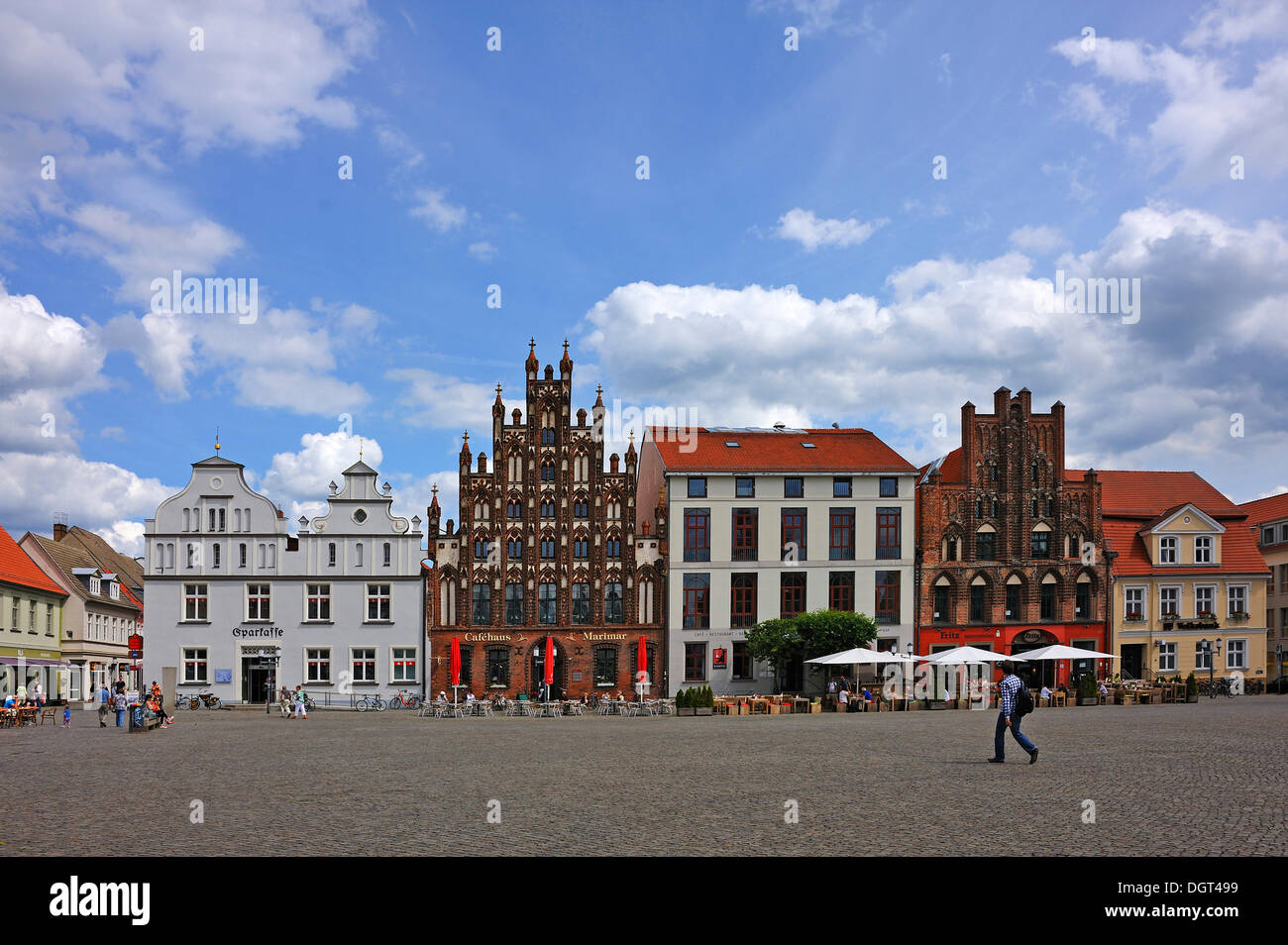 Historic gabled houses on Markt square, the second house from the left is a town house with a stepped gable, brick architecture Stock Photo