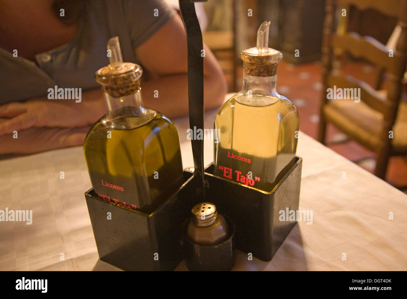 Olive oil condiments on cafe table Spain Stock Photo Alamy
