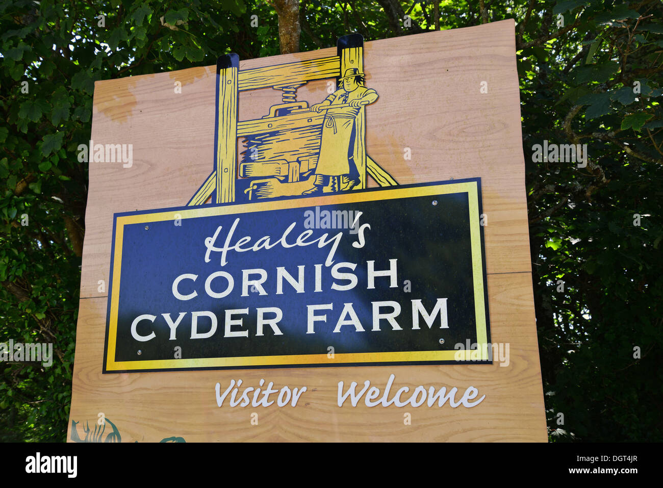 Visitor welcome sign at entrance to Healey's Cornish Cyder Farm, Penhallow, Truro, Cornwall, , England, United Kingdom Stock Photo
