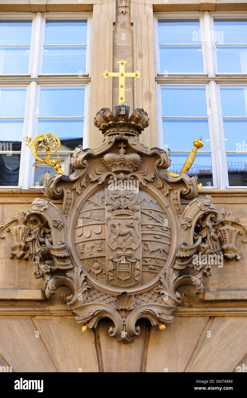 Coat of arms of Prince Bishop Friedrich Carl von Schoenborn, 1674-1746, on the new town hall, 1732-1737, on the corner of Stock Photo