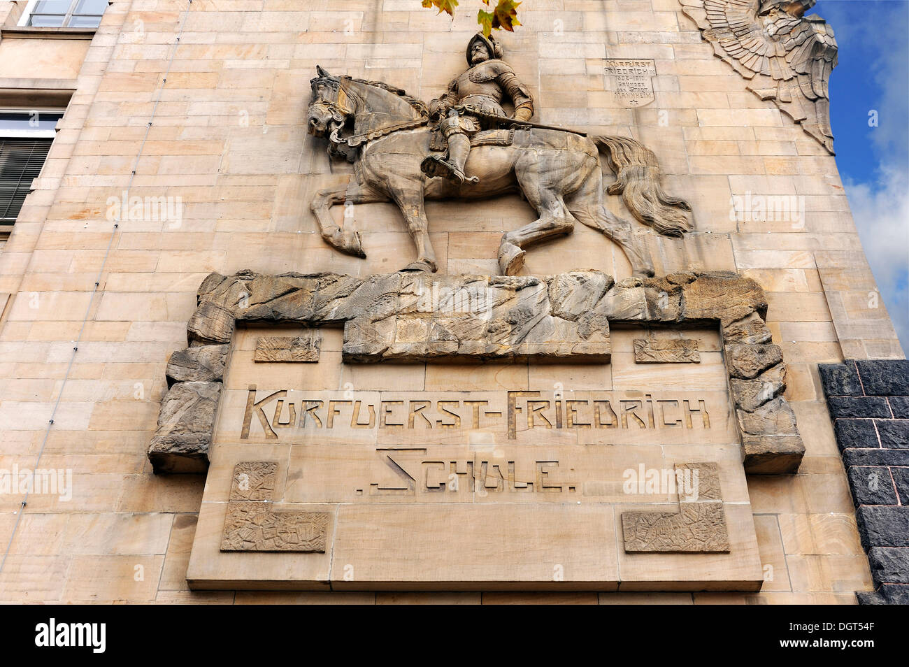 Relief of the Elector Frederick IV on horseback, founder of the city of Mannheim, at the former Kurfuerst-Friedrich Schule Stock Photo