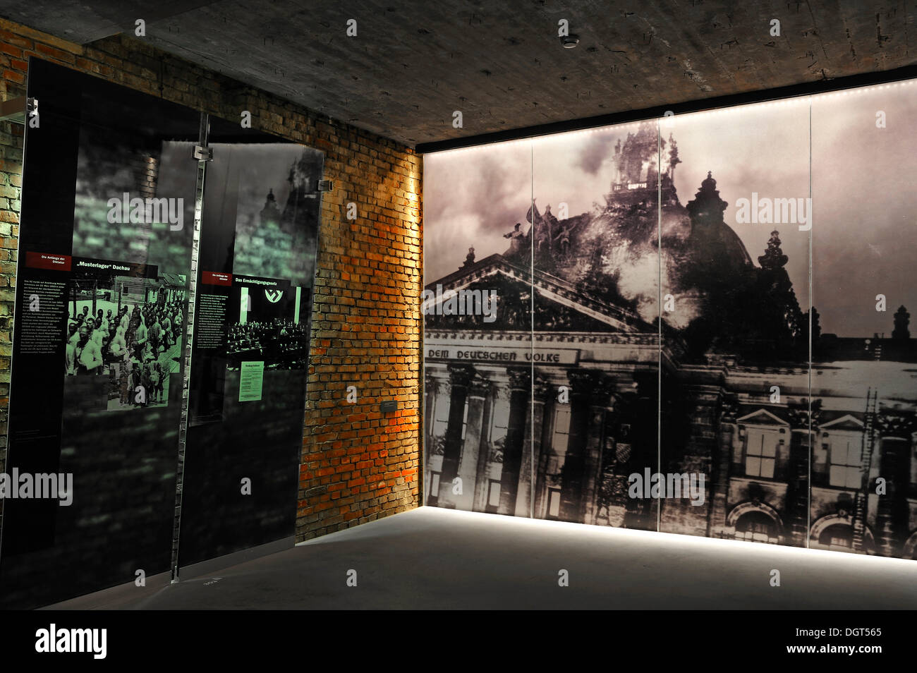 Exhibition hall with information boards about the rise of the Nazi Party, right, a large photo of the Reichstag fire of 1933, Stock Photo