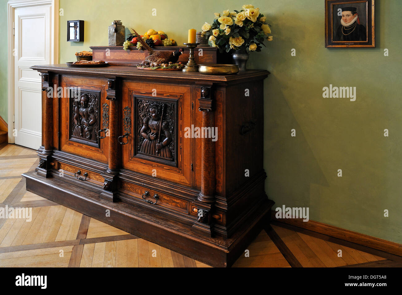 Cabinet in the dining room, from about 1535, after a design by Peter Floetner, in Tucher Mansion, Hirschelgasse 9-11, Nuremberg Stock Photo