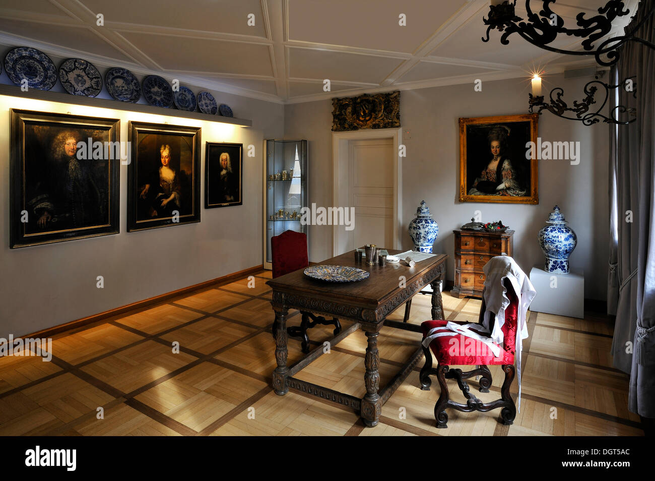 Baroque room, left, family portraits from the 18th century, in Tucher Mansion, Hirschelgasse 9-11, Nuremberg, Middle Franconia Stock Photo