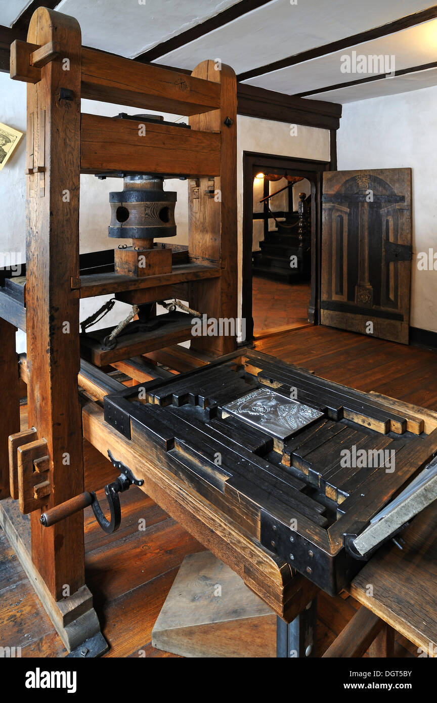 Relief printing press for printing woodcuts, reconstruction after a drawing by Albrecht Duerer, Albrecht Duerer House Stock Photo