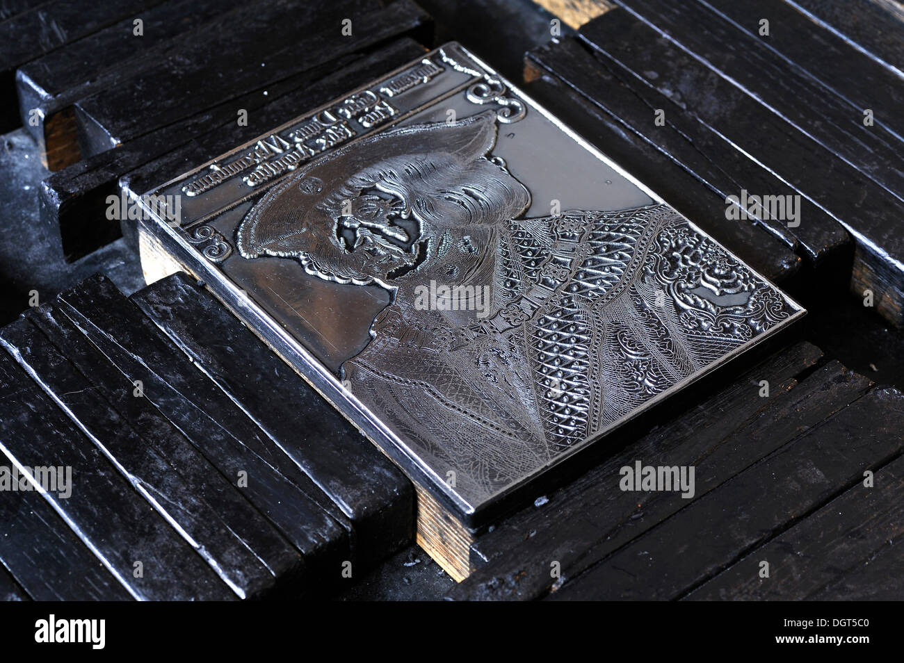 Clamped printing plate in a relief printing press for printing woodcuts, Albrecht Duerer House, historic center, Nuremberg Stock Photo