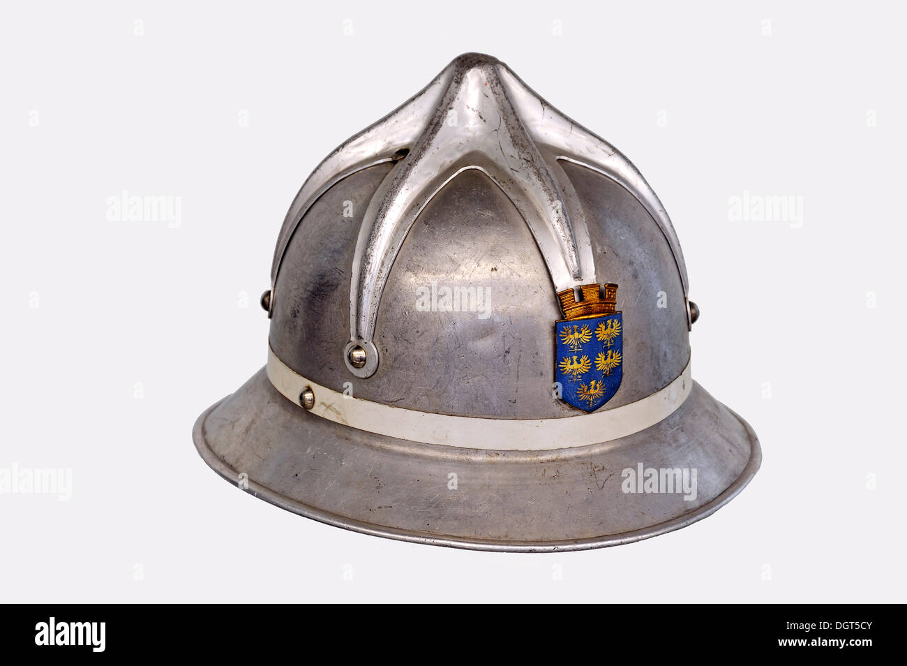 Austrian Spider firefighter's helmet, "Feuer und Flamme – Die Feuerwehr von 1850 bis heute", an exhibition of 150 years of Stock Photo