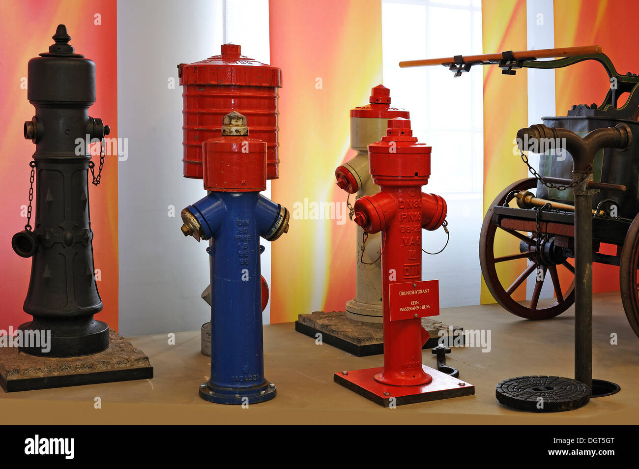 Various hydrants of the 20th century, 'Feuer und Flamme – Die Feuerwehr von 1850 bis heute', an exhibition of 150 years of Stock Photo