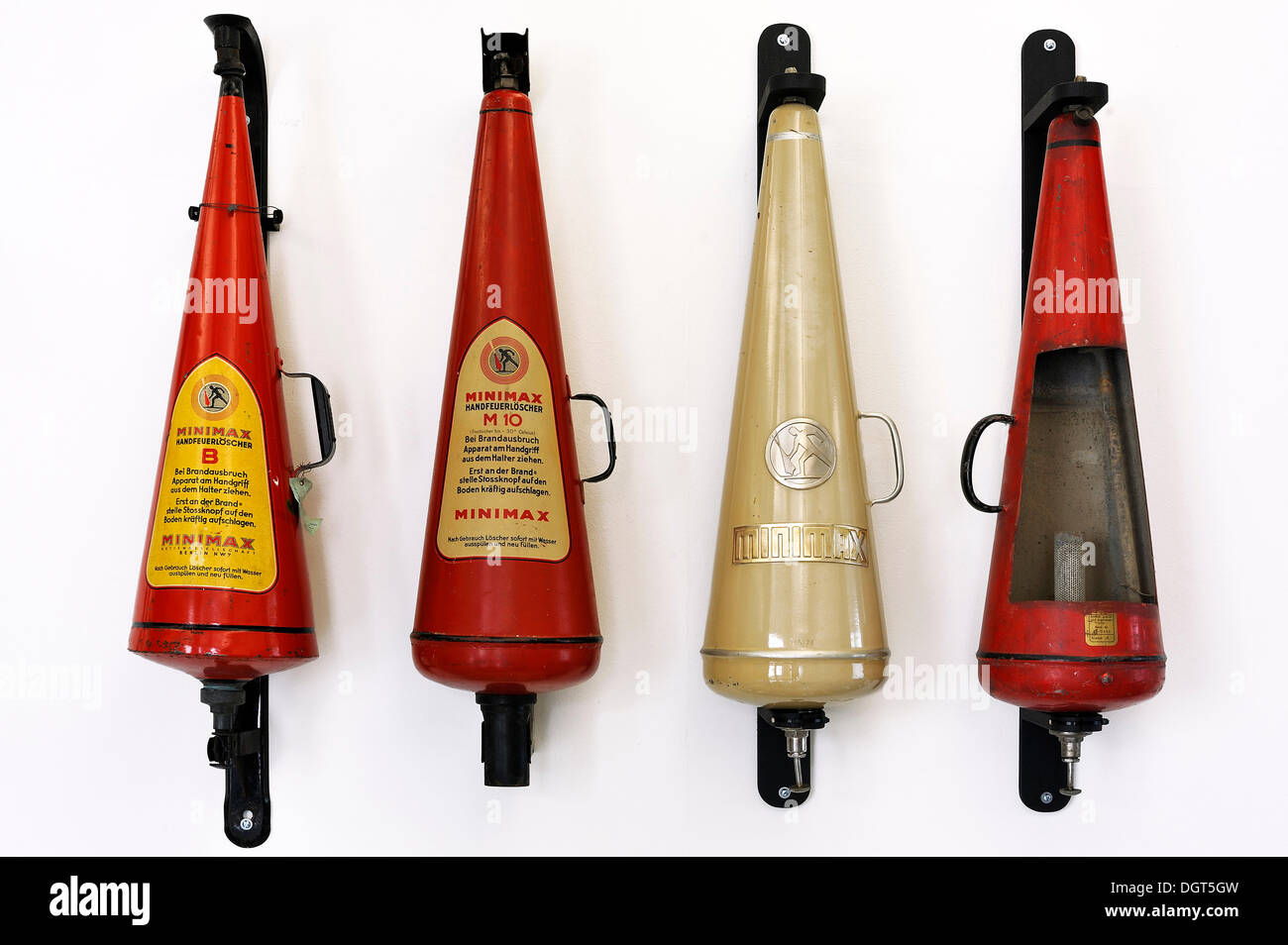 Fire extinguishers of the 20th century, 'Feuer und Flamme – Die Feuerwehr von 1850 bis heute', an exhibition of 150 years of Stock Photo