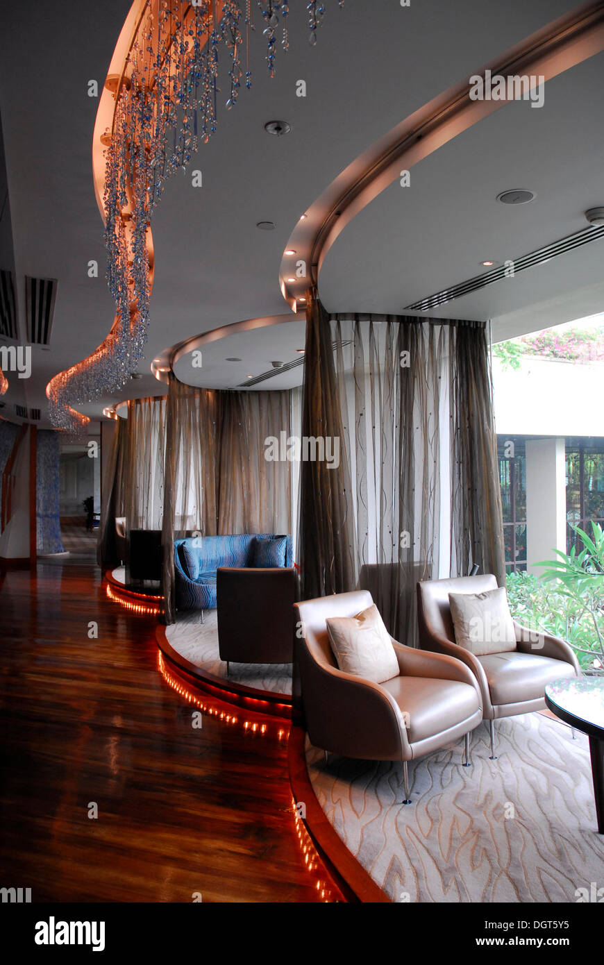 Corridor with easy chairs, The Mandarin Oriental Hotel, Bangrak, Bang Rak district, Bangkok, Krung Thep, Thailand, Asia Stock Photo