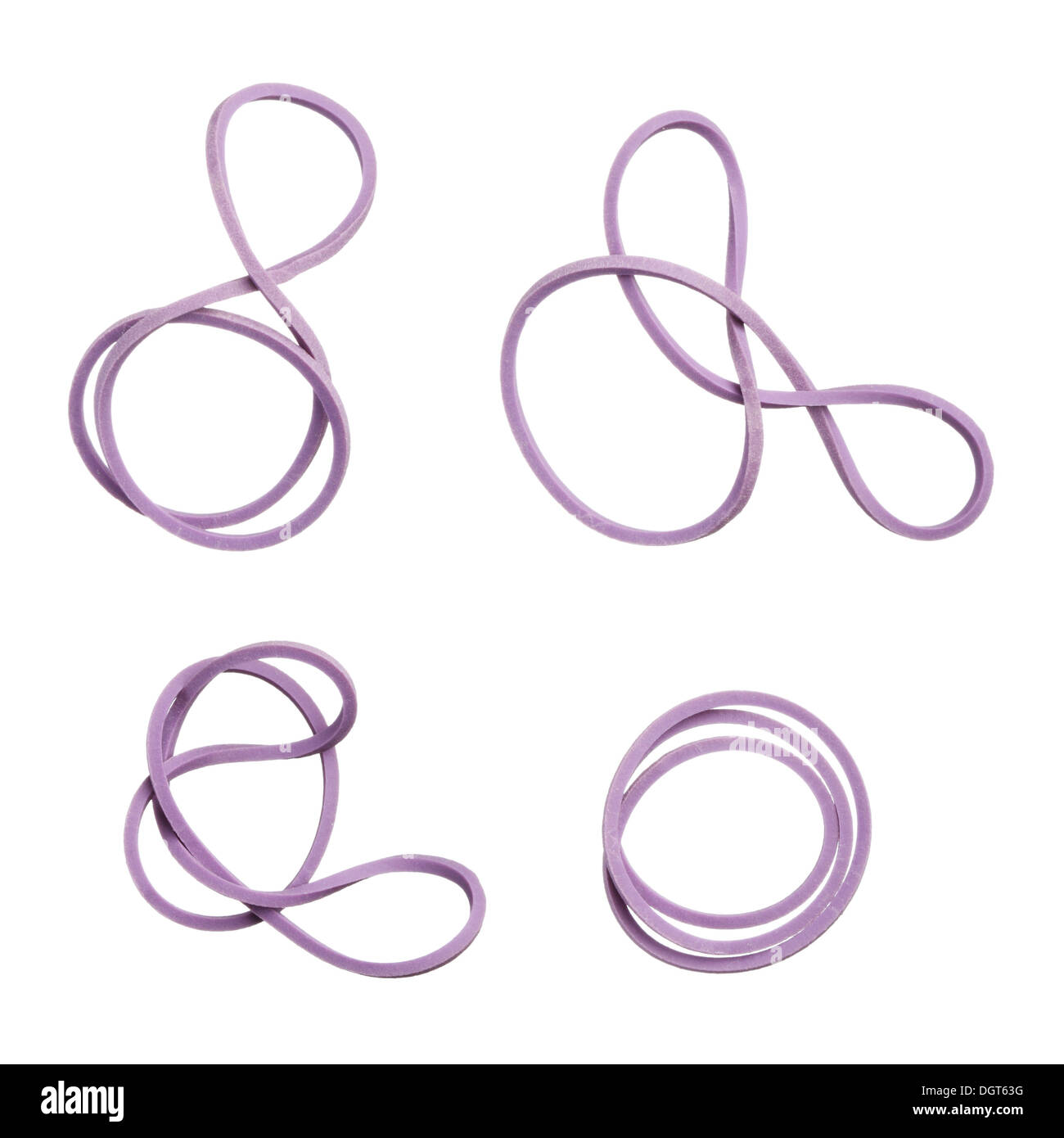 Twisted purple elastic rubber bands isolated on white background Stock Photo