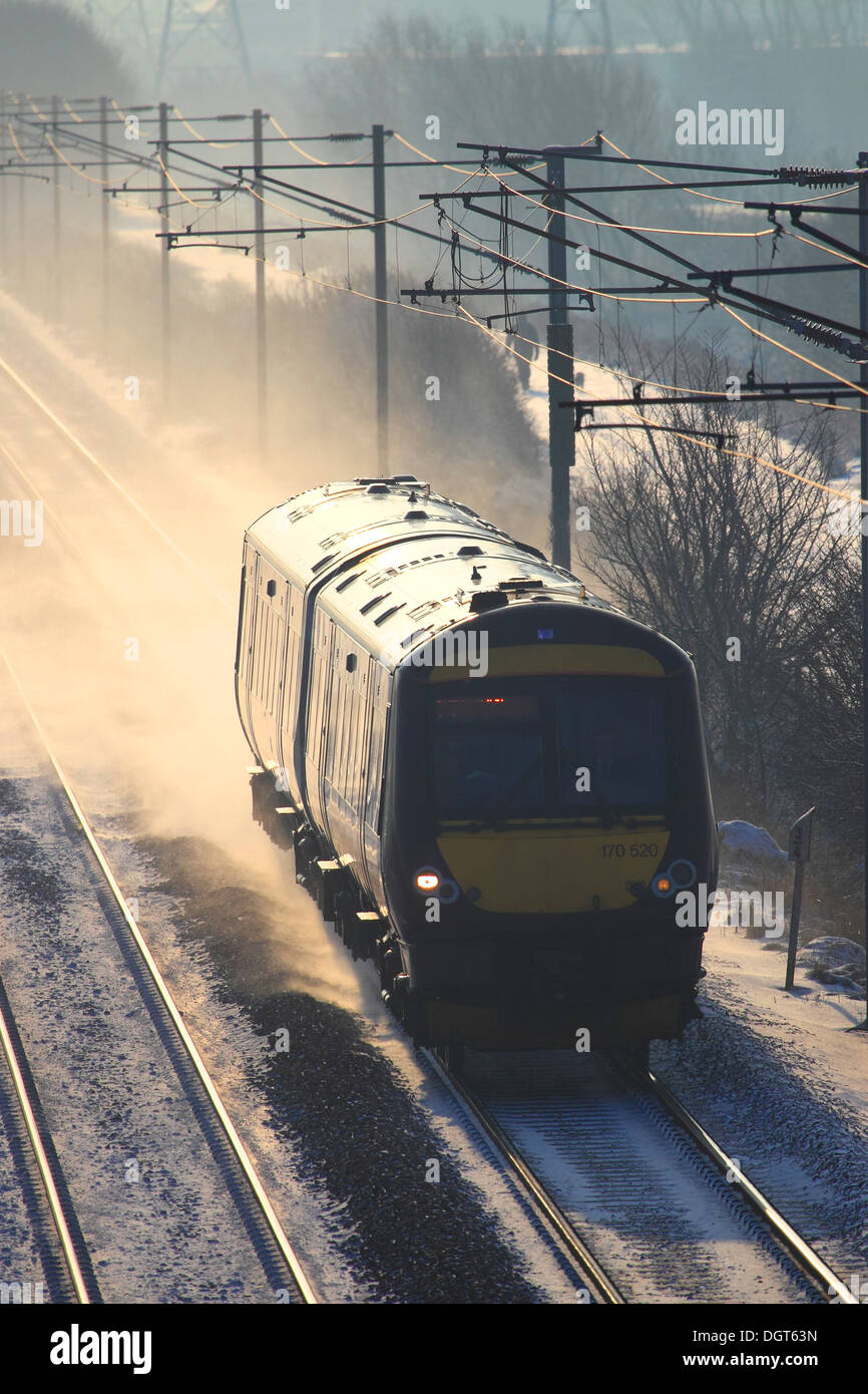 Winter Snow, 170520 County 2 County trains Turbostar Train, High Speed Diesel Train, East Coast Main Line Railway Cambridgeshire Stock Photo