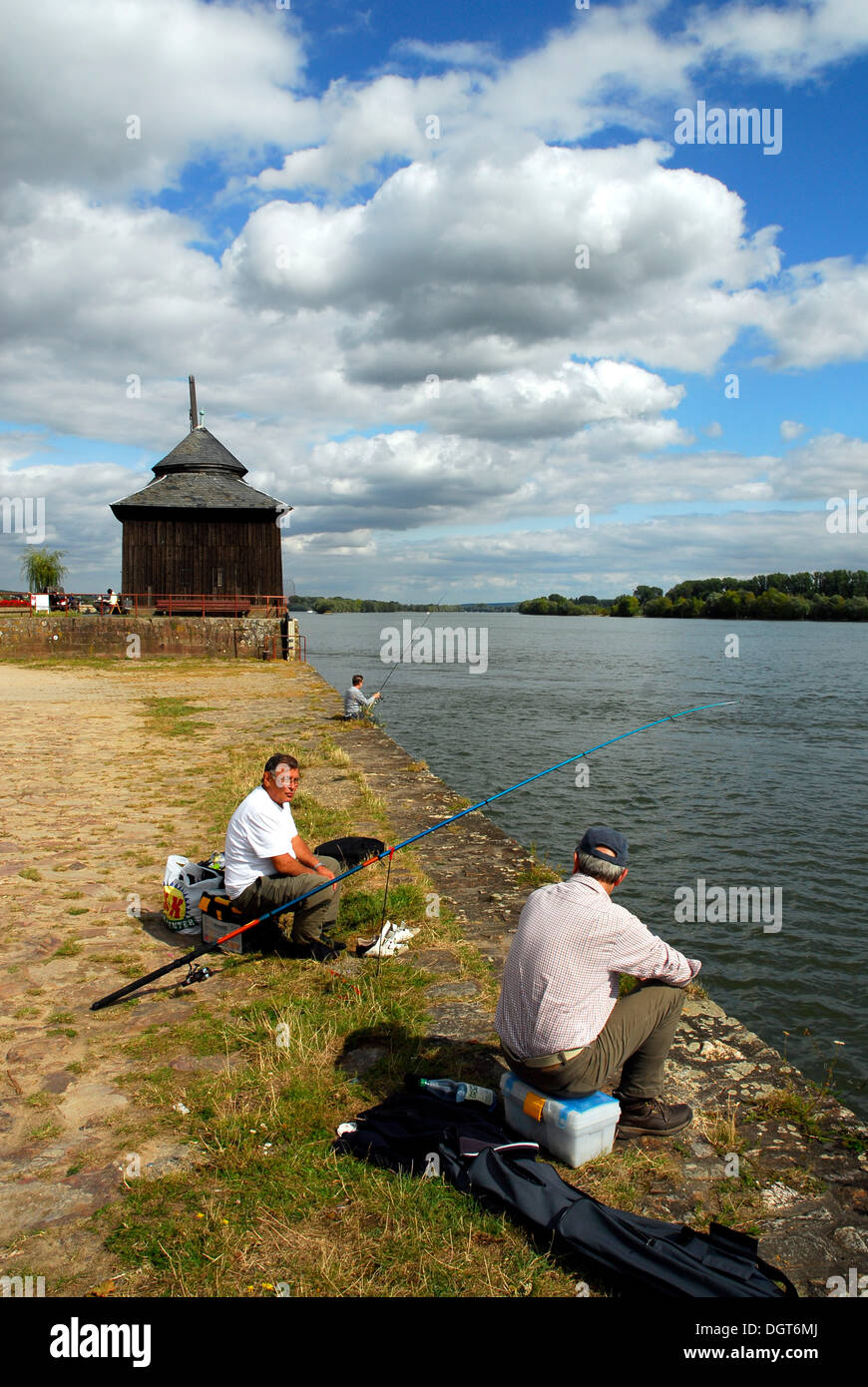 Fishermen on Oestricher Kran, Oestrich on Rhine River, Oestrich-Winkel, Rheingau, Hesse Stock Photo