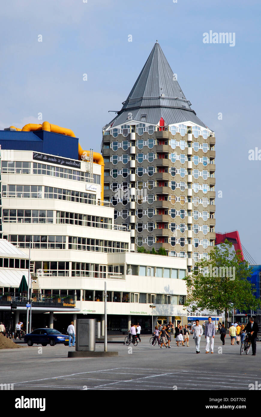 Modern architecture, Blaaktoren Tower and the public library of Rotterdam between Hoogstraat and Blaak, Zuid-Holland Stock Photo
