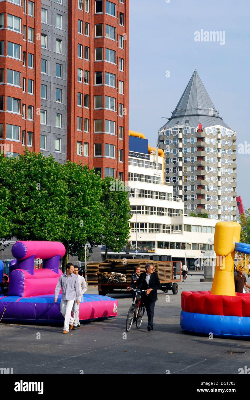 Modern architecture along the Binnenrotte, residence tower Statendam, the public library and the Blaaktoren Tower, Rotterdam Stock Photo