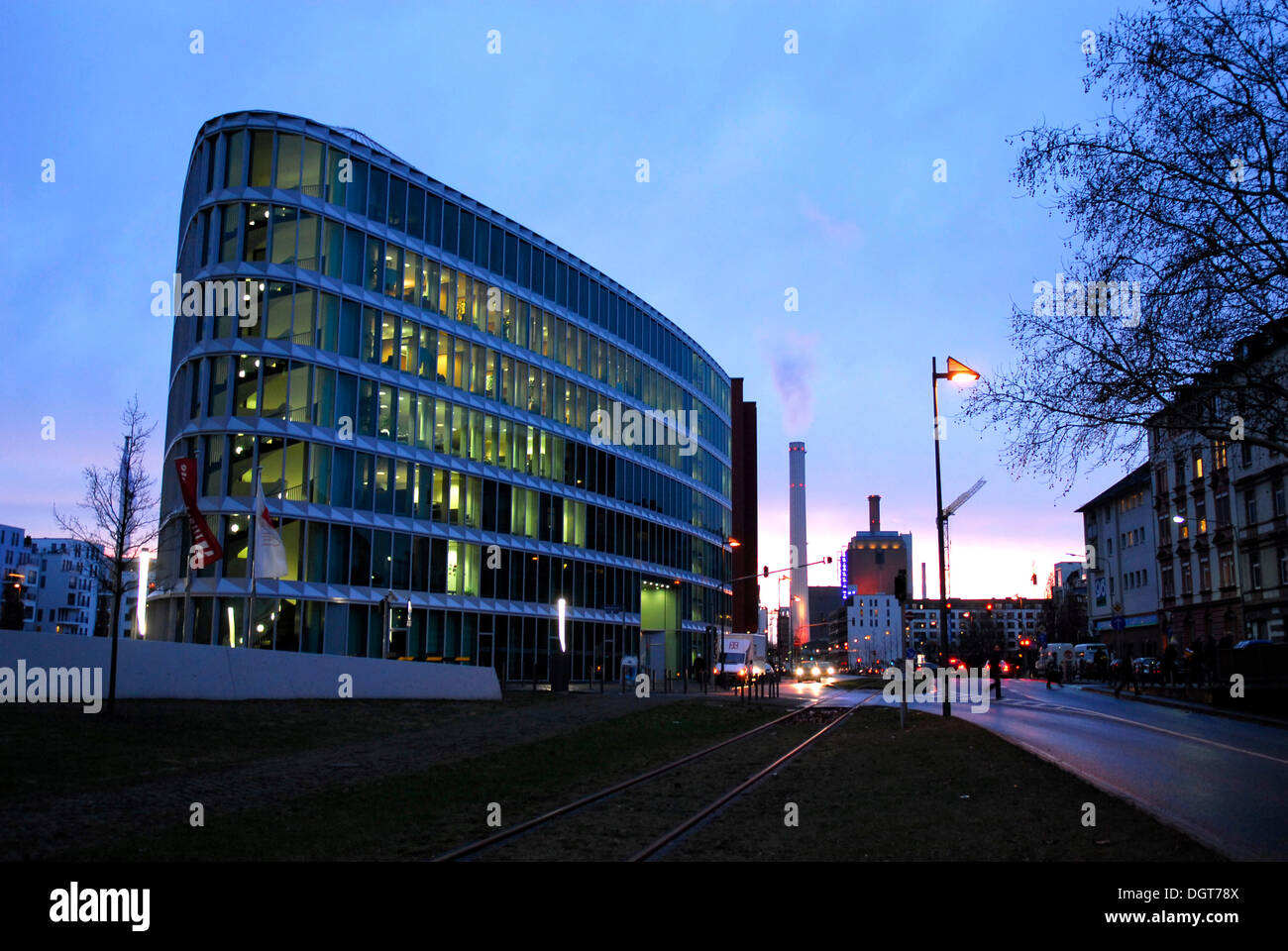 Modern office building in the evening, Westhafen harbour in the Gutleutviertel district, Frankfurt am Main, Hesse Stock Photo