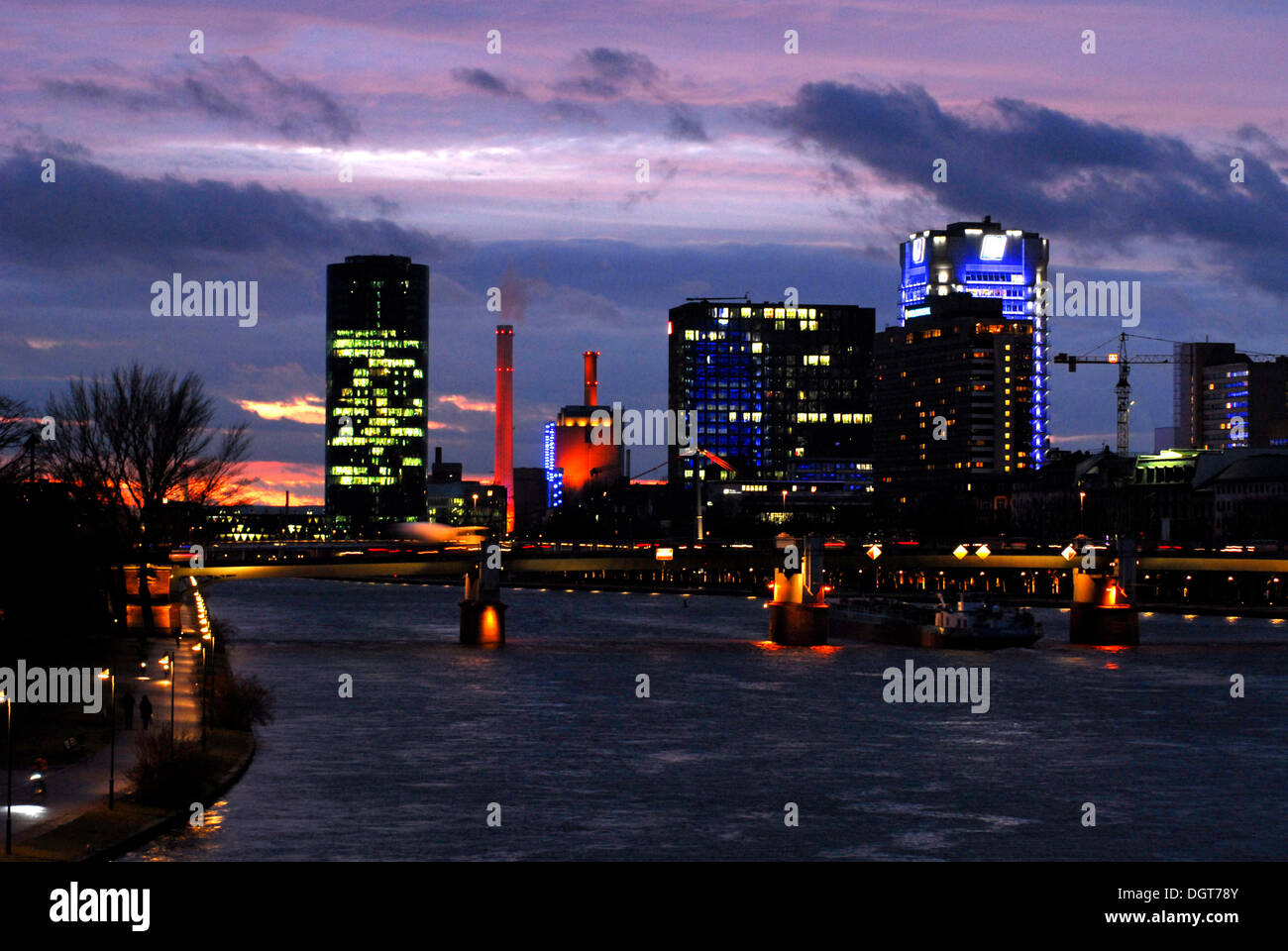 Westhafen harbour in the Gutleutviertel district, skyline of the office district in the evening, Frankfurt am Main, Hesse Stock Photo