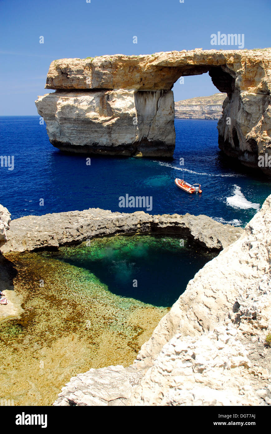 Rocky coast, Azure Window at Dwejra Point, Island of Gozo, Malta, Mediterranean, Europe Stock Photo