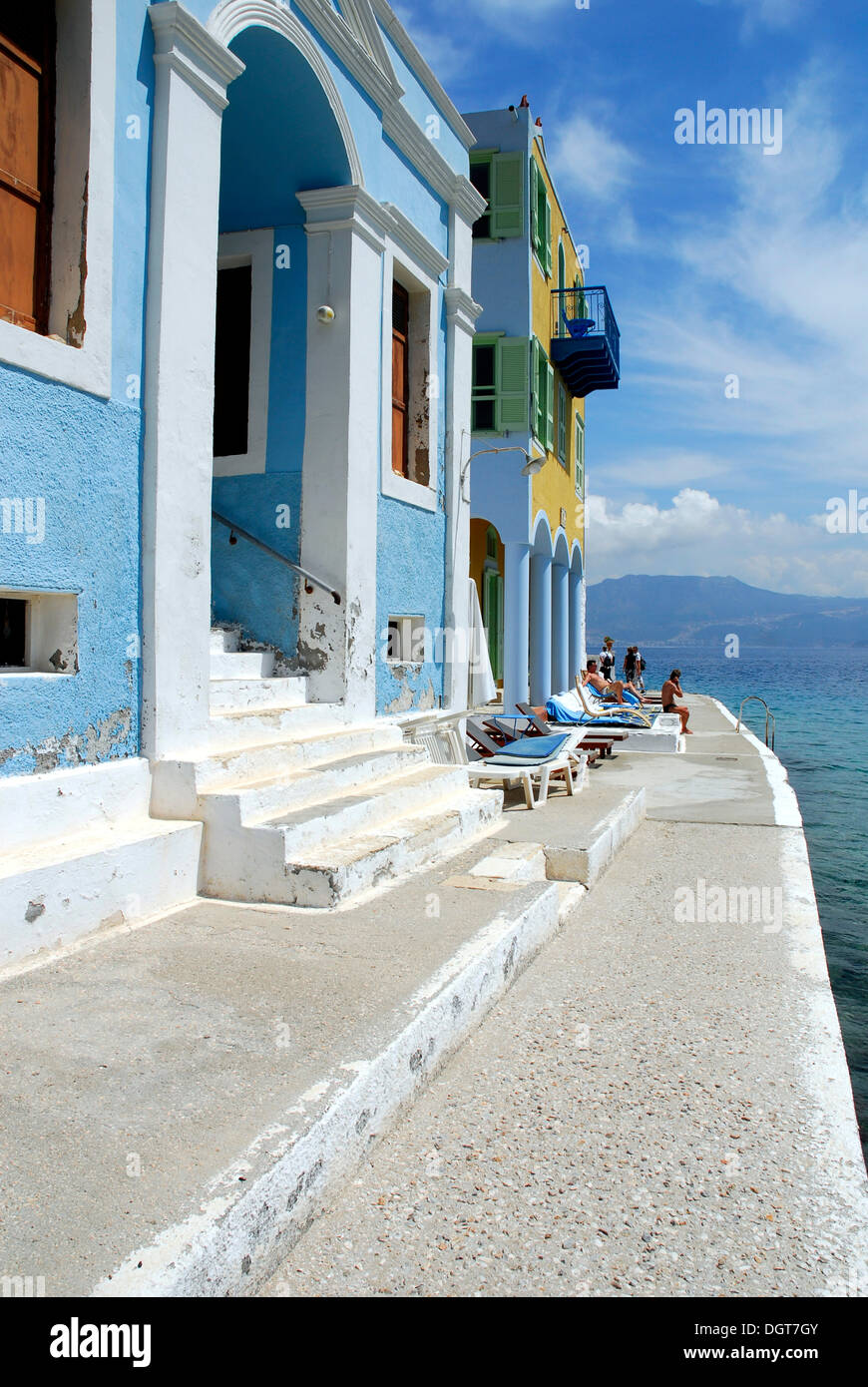Steps, houses on the waterside, town Megisti on Kastelorizo island, Meis, Dodecanese Islands, Aegean, Mediterranean, Greece Stock Photo