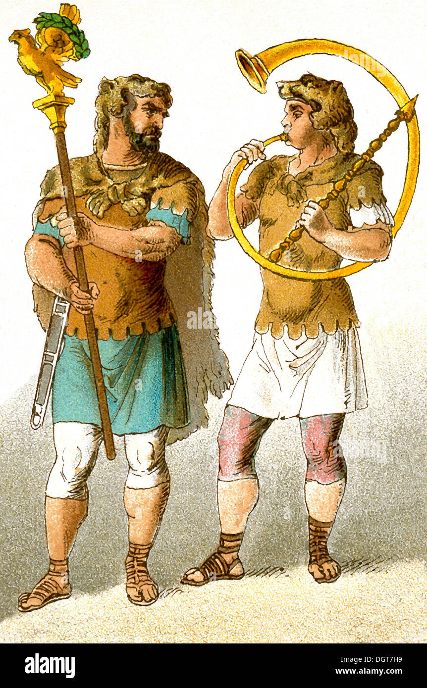 The figures represent ancient Roman military personnel, from left to right: a standard bearer and a horn-blower. Stock Photo