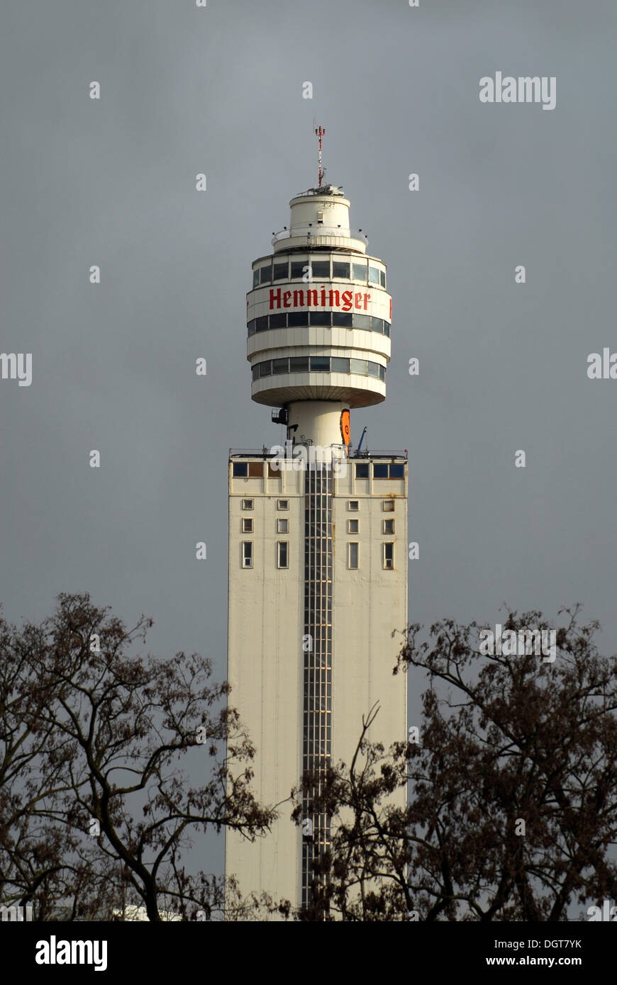Henninger Turm, a tower in Frankfurt-Sachsenhausen, former silo of the Henninger brewery with a restaurant and viewing platform Stock Photo