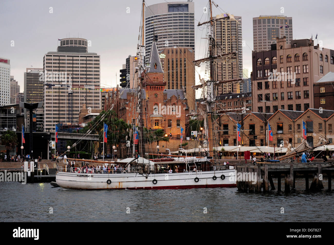 Historic sailing ship entering Campbell's Cove, The Rocks, Sydney Harbour, Sydney, New South Wales, NSW, Australia Stock Photo