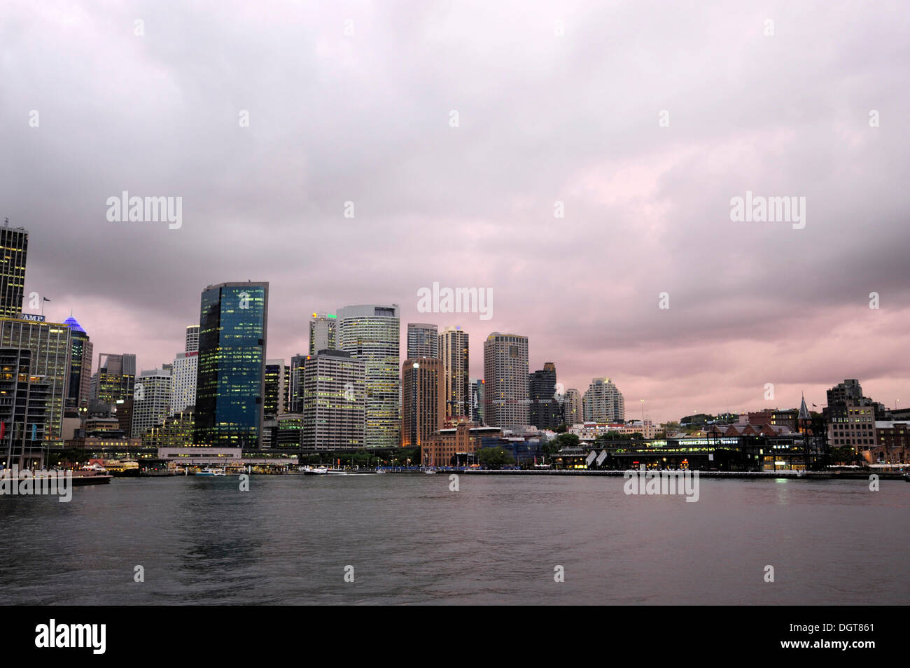 Evening mood, skyline of the Central Business District, CBD, Circular Quay West, Sydney Cove, The Rocks, Sydney Harbour, Sydney Stock Photo