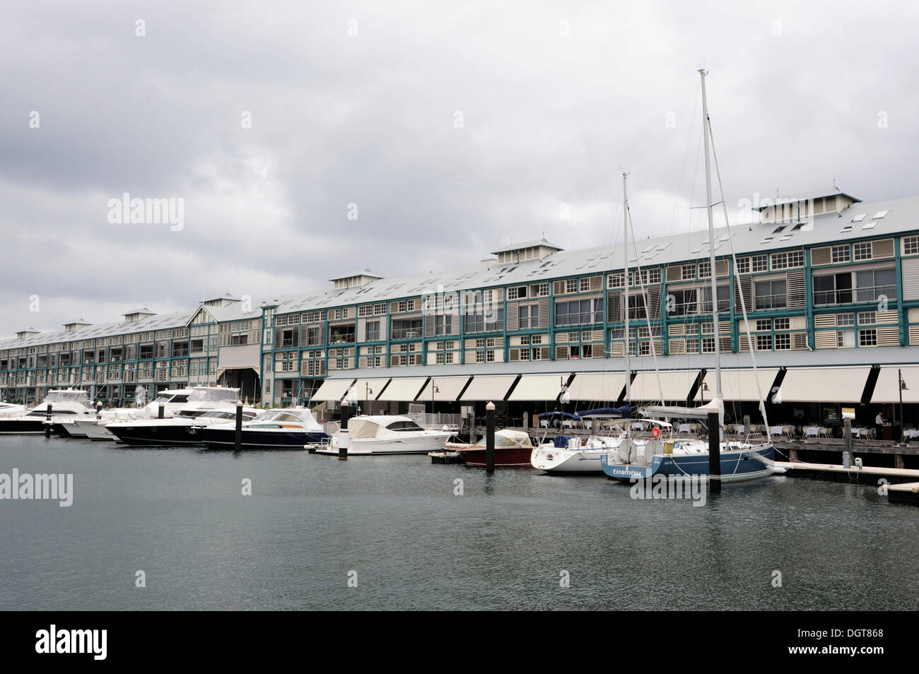 Boats in the marina at the Finger Wharf, Woolloomooloo Bay, Sydney Harbour, Sydney, New South Wales, NSW, Australia Stock Photo
