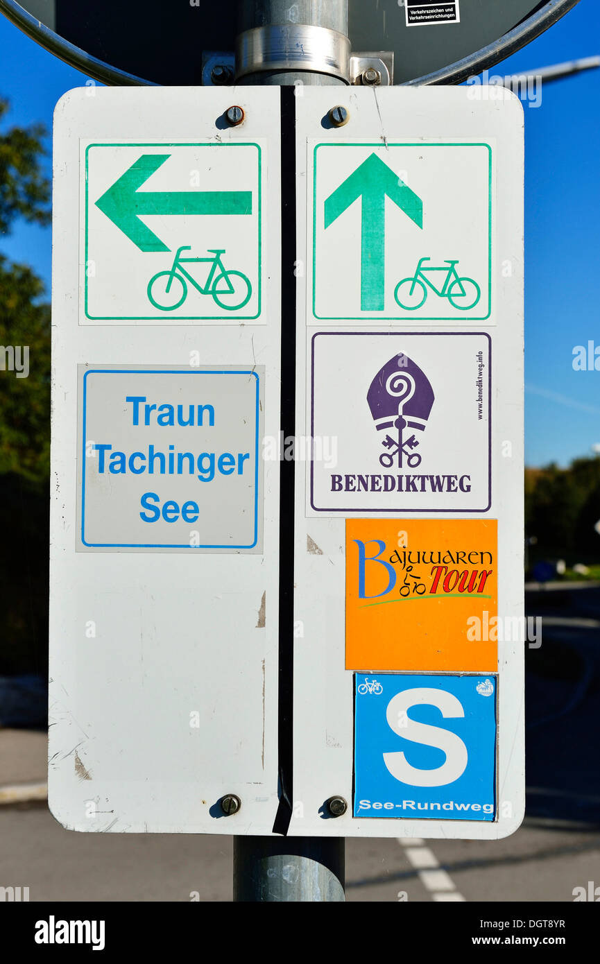 Sign with cycle paths, Chiemgau, Upper Bavaria, Bavaria Stock Photo