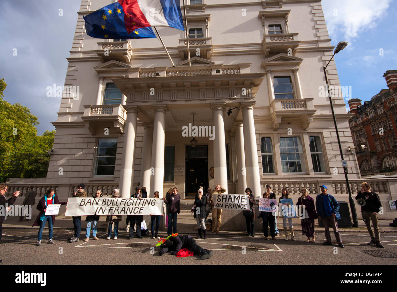 Anti-cruelty activists protest outside the French embassy in London against an upcoming bullfighting event in Rodilhan, France. Stock Photo