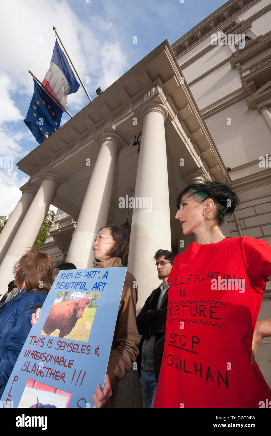 Anti-cruelty activists protest outside the French embassy in London against an upcoming bullfighting event in Rodilhan, France. Stock Photo