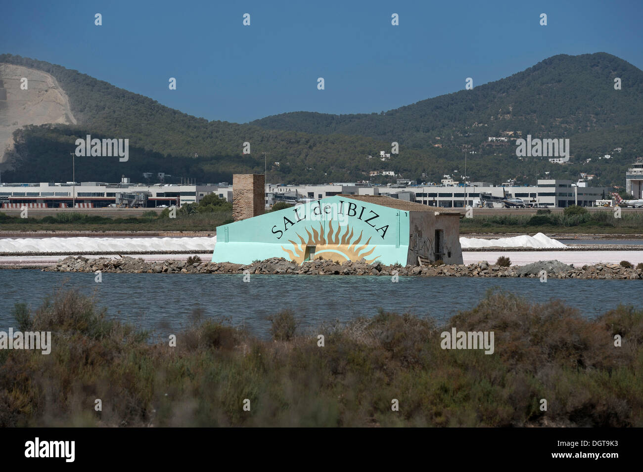 Sal de Ibiza salt pans in front of the airport, Ibiza, Pitiusic Islands or Pine Islands, Balearic Islands, Spain, Europe Stock Photo
