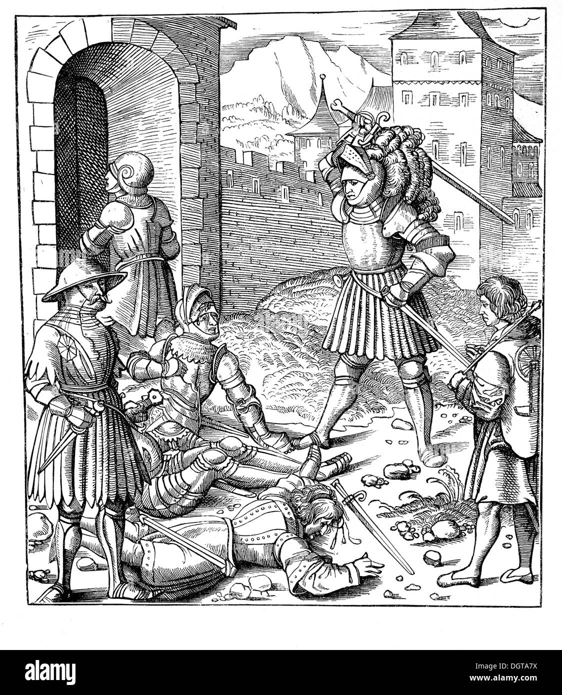 Accurate reproduction of a woodcut from the Teuerdank, historical image from History of German Literature from 1885 Stock Photo