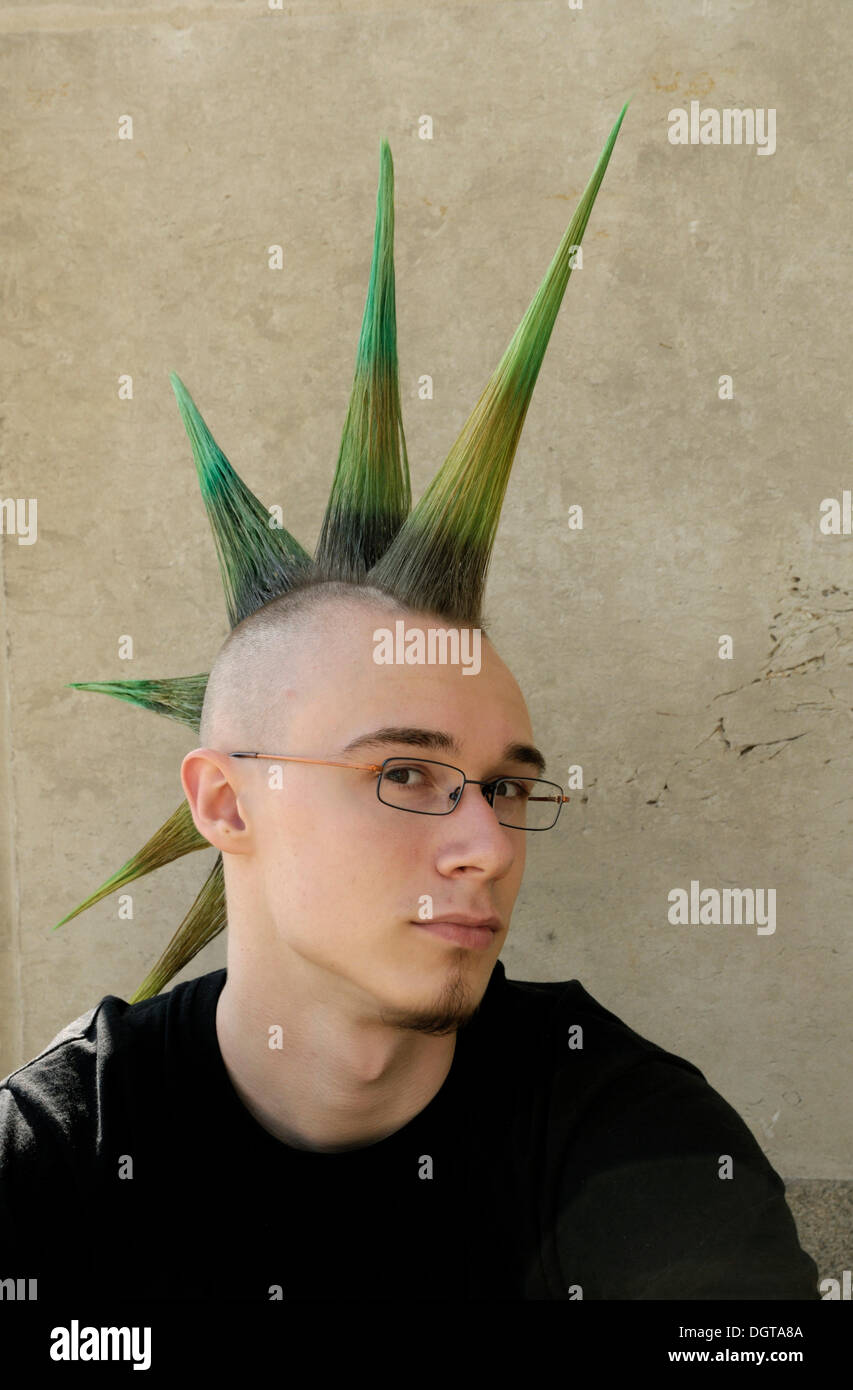 Young man with a punk hairstyle, mohawk, mohican, Wave Gothic Treffen music festival, Leipzig, Saxony Stock Photo